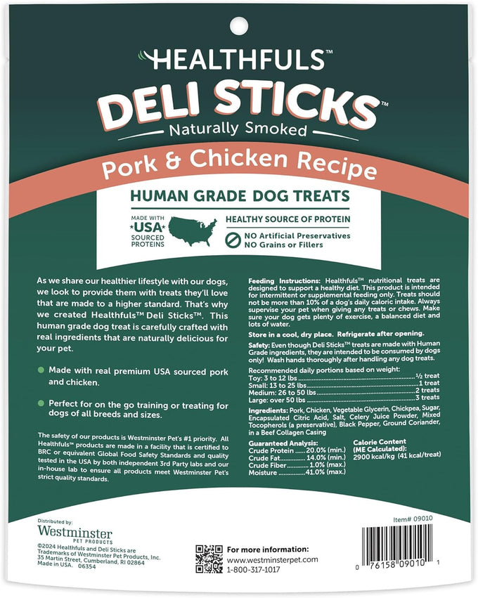 Healthfuls Deli Sticks Pork and Chicken Dog Treats, 10 Count Bag, Gluten-Free, Human-Grade, Soft and Chewy