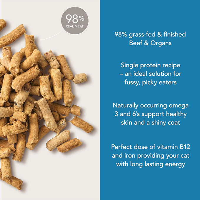 New Zealand made feline dry cat food with 98% high protein meat, organs, & seafood, grain-free, no artificial additives, beef, 11oz
