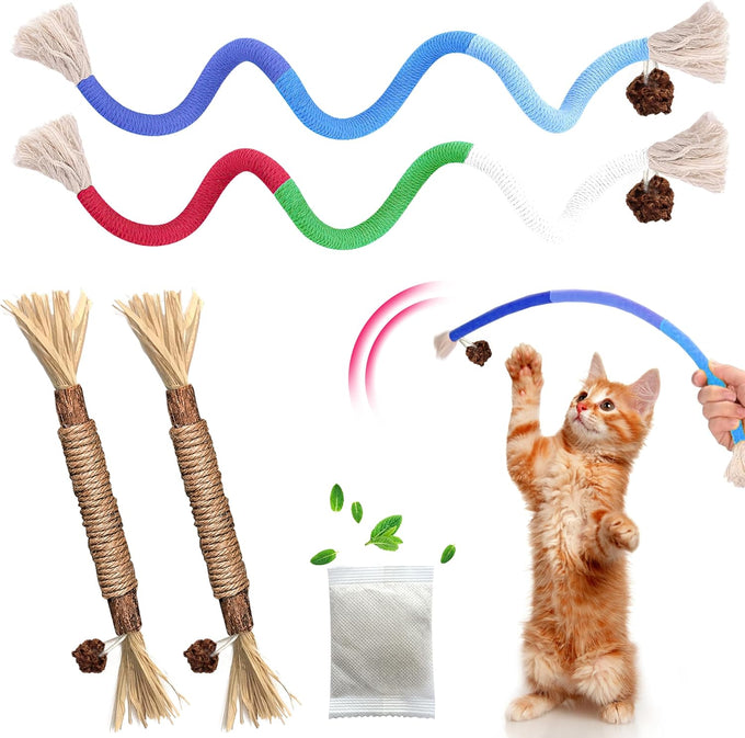 GBSYU 6Pcs Silvervine Cat Chew Rope & Sticks, Refillable Catnip Bag for Teeth Cleaning and Stress Relief
