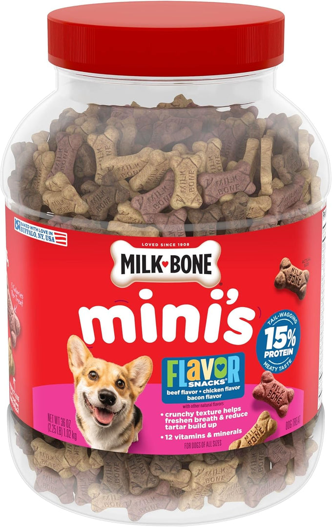 Milk-Bone Flavor Snacks Mini's dog biscuits, 36 Oz canister, beef, chicken, bacon flavors