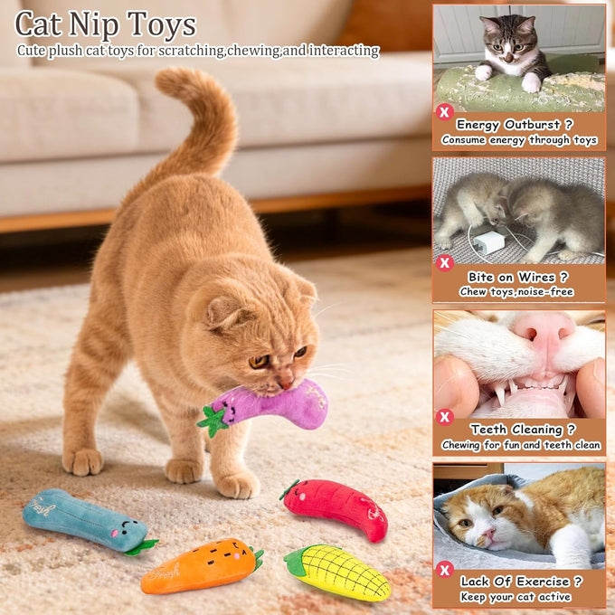 etyker plush catnip toys, 5 pack, indoor kitten kitty toys, interactive veggie shape cat kicker chew toys