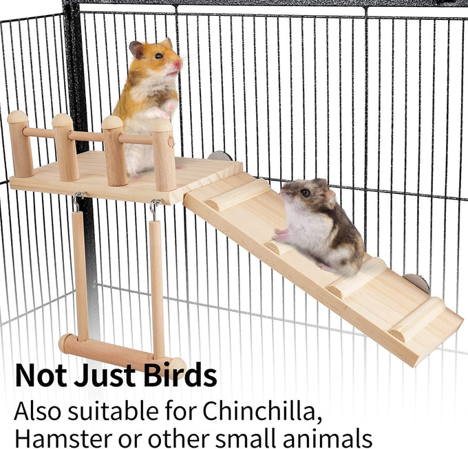 Wooden bird perches platform swing for small birds with climbing ladder, parakeet cage accessories