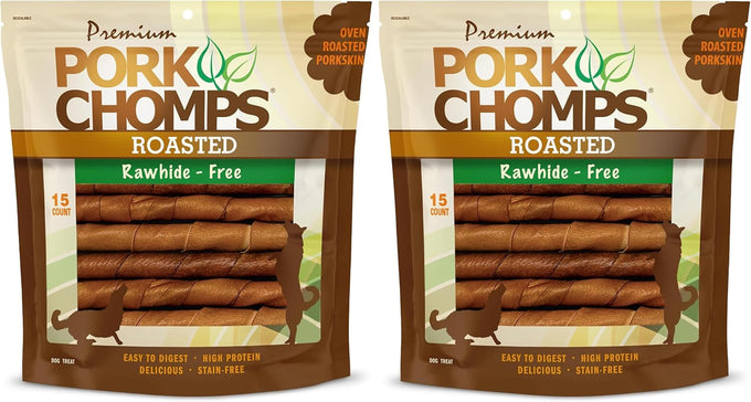 pork chomps roasted pork skin dog chews, 6 inch twists, 15 count - healthy, delicious, low fat, high protein