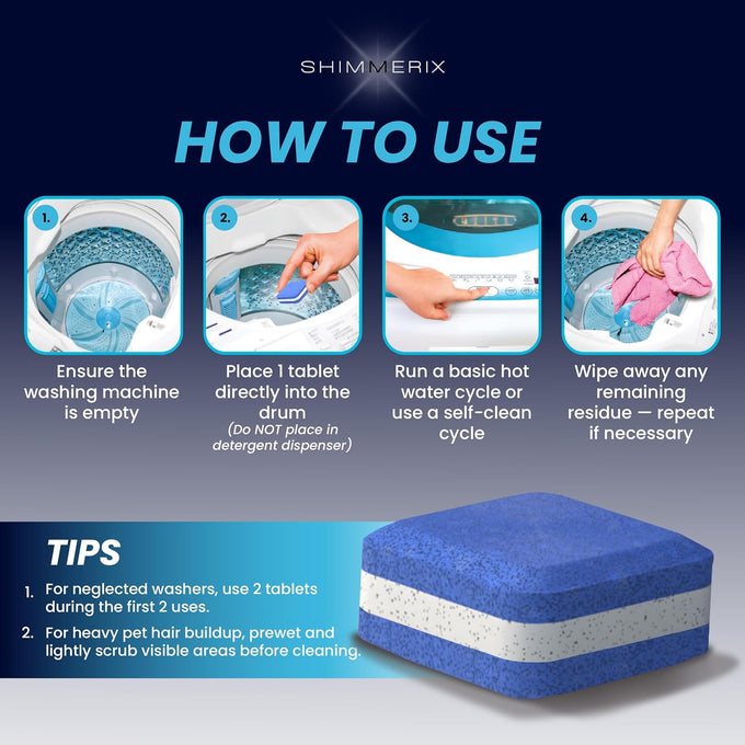 Washing machine cleaner tablets - pet hair removal, odor elimination, septic tank safe, HE compatible