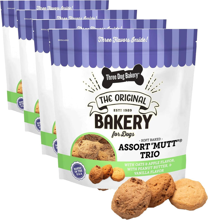 Three Dog Bakery Assort Mutt Trio 48oz dog treats with oats, apple, peanut butter, and vanilla, premium puppy training snacks