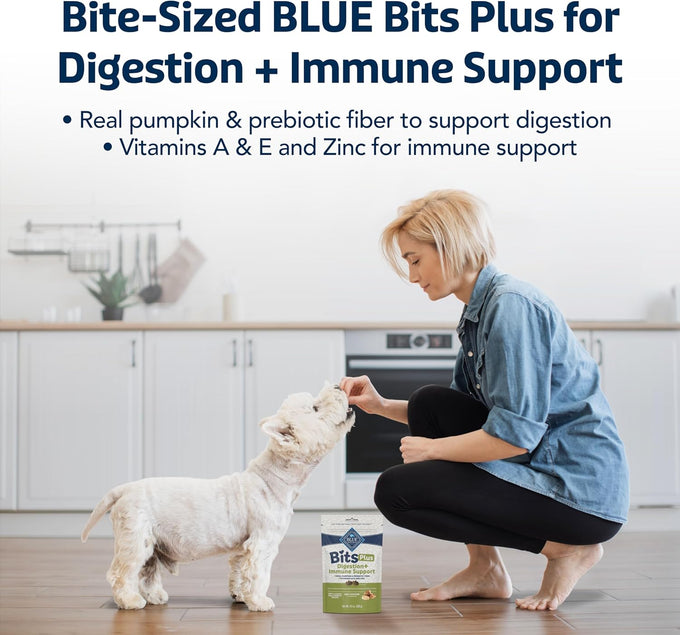 Blue Buffalo Blue Bits Plus Daily Benefit Dog Treats, Soft & Chewy Chicken and Pumpkin Morsels, 9.5-oz Bag, Formulated for Digestion & Immune Support