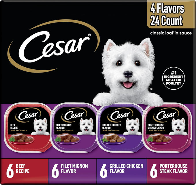 Cesar Wet Dog Food Variety Pack, Grilled Steak & Eggs, Chicken & Liver, 24 Trays