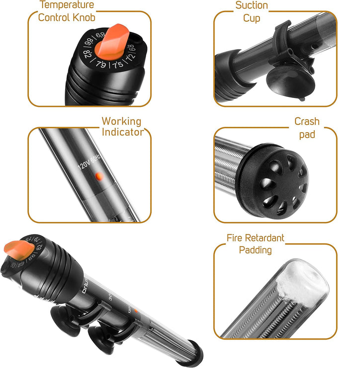 Orlushy Submersible Heater for Saltwater, Freshwater Aquariums with Thermometer, Adjustable and Durable