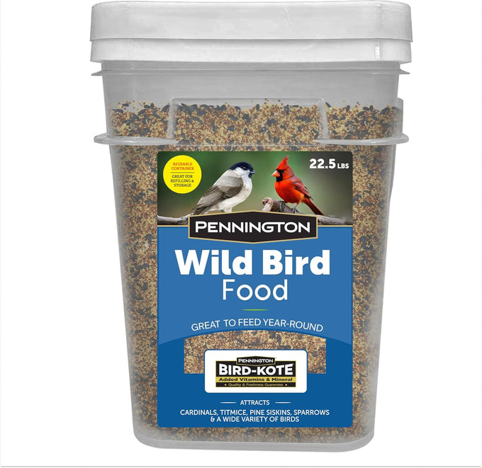 Pennington 22.5-lb Wild Bird Seed for Outside Feeders, Critter-Proof Bucket, Songbird Favorites and Year-Round Nutrition