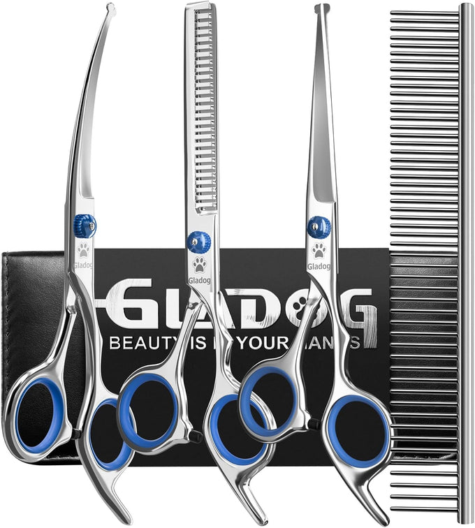 GLADOG Professional 5 in 1 Dog Grooming Scissors Set with Rounded Tips, Sharp and Heavy-duty Pet Grooming Shears for Cats