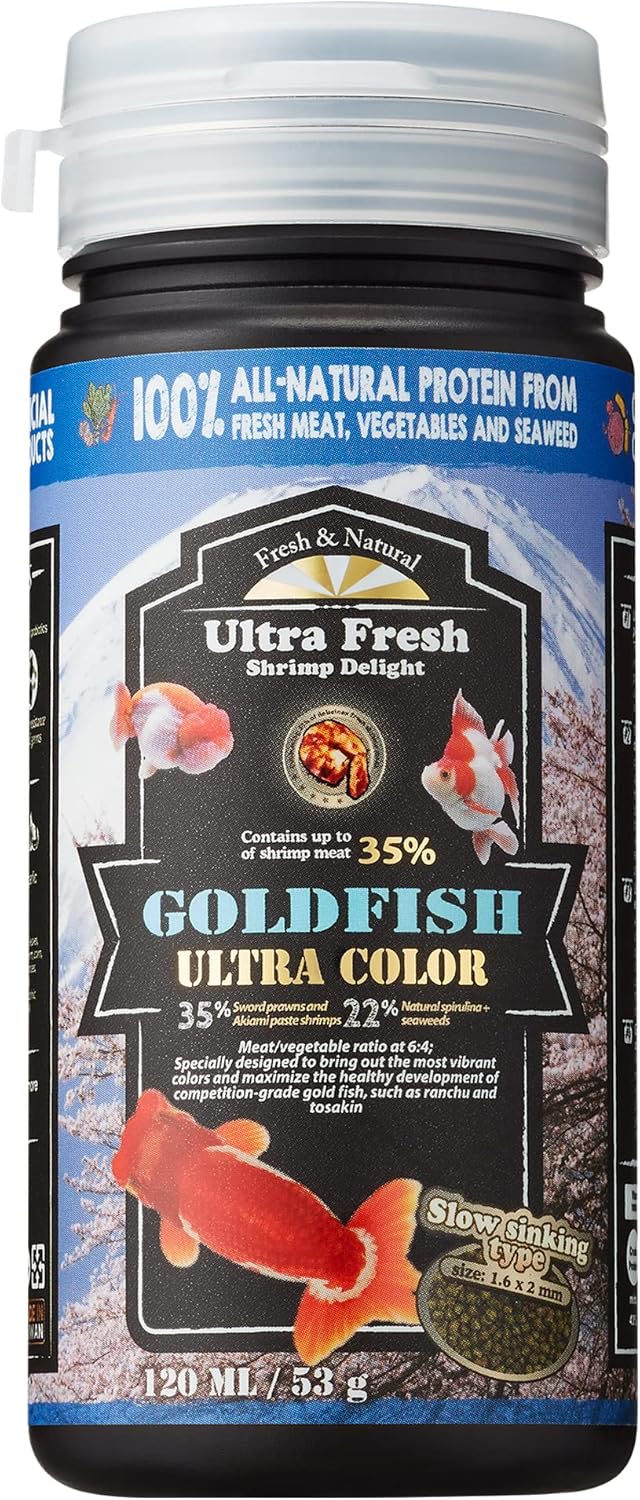 Goldfish Ultra Color 4.6 oz, Slow Sinking, All Natural, Color Enhancing Pellets, Sword Prawn Flavor