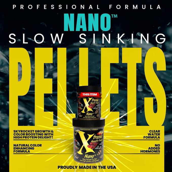 Xtreme Nano 0.5mm sinking pellets for community fish like tetras, barbs, and guppies, high-protein krill-based formula with vitamins and minerals, made in the usa