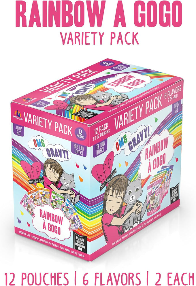 Weruva B.F.F. OMG - Best Feline Friend Oh My Gravy!, Rainbow A Gogo Variety Pack! Cat Food, 3oz Pouch (Pack of 12)