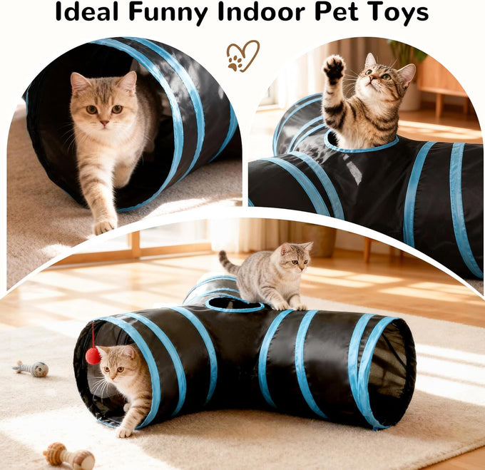 Tempcore 3-way collapsible cat tunnel for indoor cats, kittens, and small pets with peek hole and ball toy