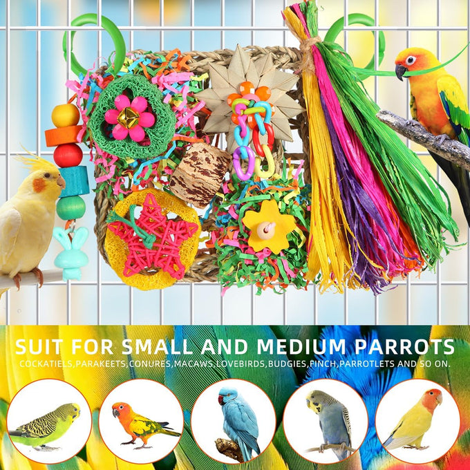 YIXUND Foraging Playground Bird Toys for Parakeets, Parrots, and Small to Medium Birds with Eco-Friendly Seagrass and Natural Wood Chew Toys