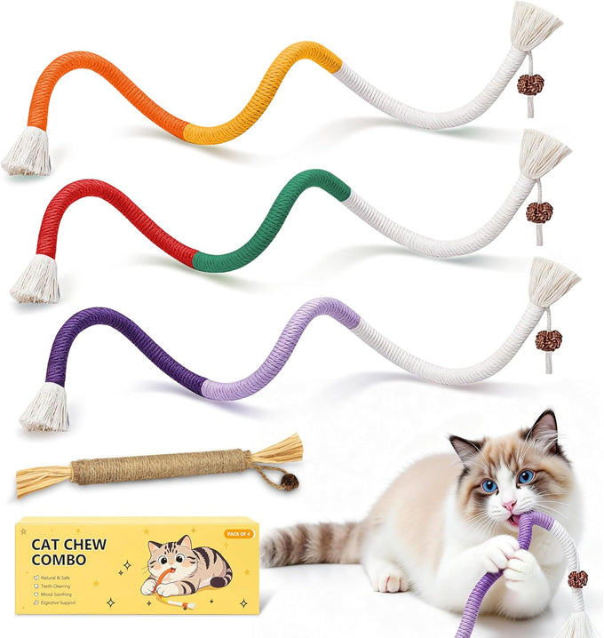 Silvervine Stick & Catnip Toy for Kittens & Adult Cats - 3Pcs Chew Rope Set with Refillable Catnip
