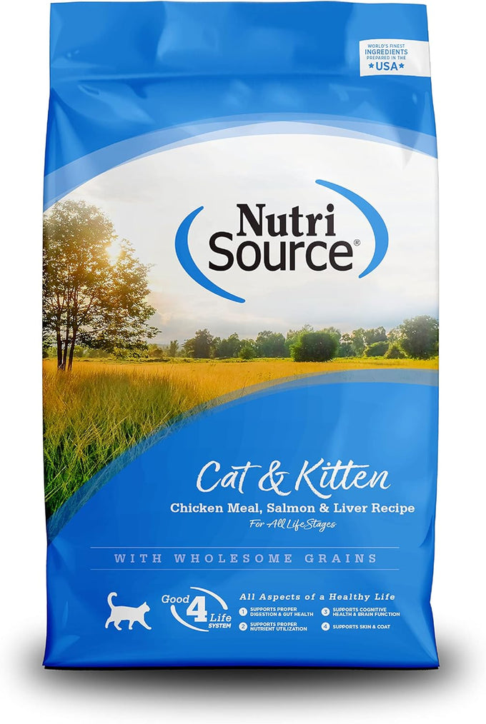 NutriSource grain inclusive dry cat food, 12LB chicken and rice recipe for all life stages