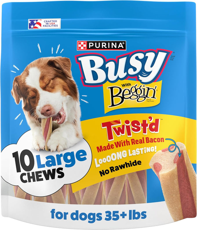 Purina Busy with Beggin' Dog Treats, Twist'd, Bacony, Rawhide-Free, Long-Lasting, Adult Dog Snacks, 10 Count Pack