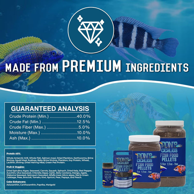 Ron's Mbuna Blend African Cichlid Fish Food, premium tropical fish food pellets for vibrant coloration and robust growth, 8 oz
