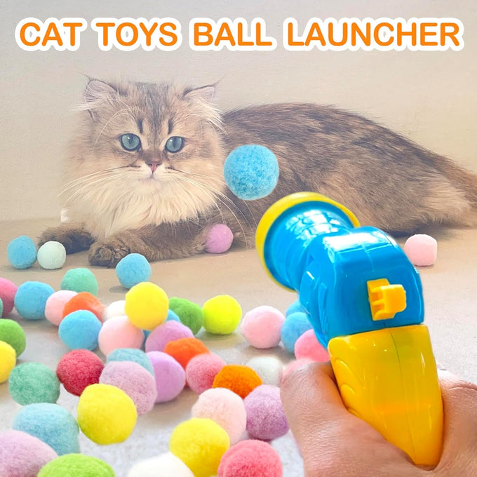 MeoHui 31Pcs Cat Ball Launcher Toy, 1 Gun, 30Pcs Plush Fuzzy Balls for Bored Indoor Cats