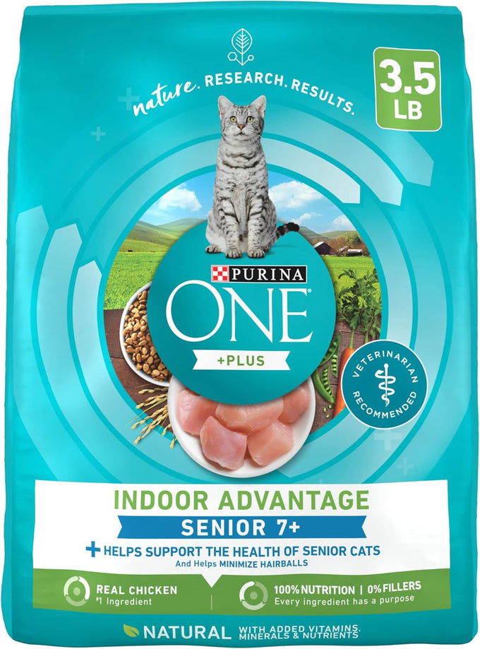 Purina one high-protein senior dry cat food, indoor advantage, real chicken, natural, 3.5 lb bag