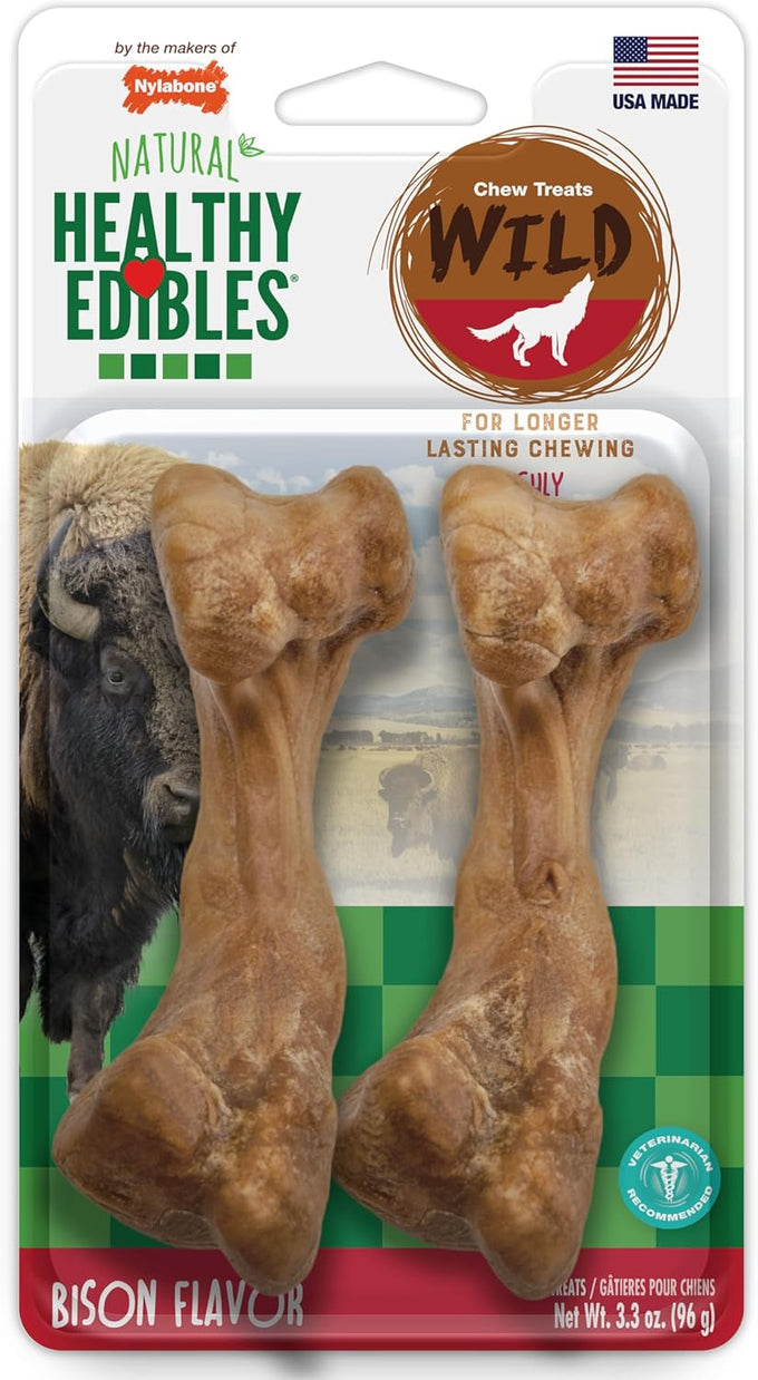 Nylabone Healthy Edibles, Natural Bison Flavor Dog Chews, Long Lasting Bones for Dogs, Medium (2 Count)