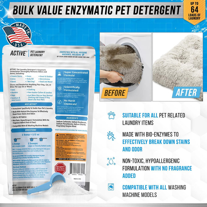pet laundry detergent odor remover - active enzyme based powder for dogs beds, cat pee, and urine stains - 64 loads