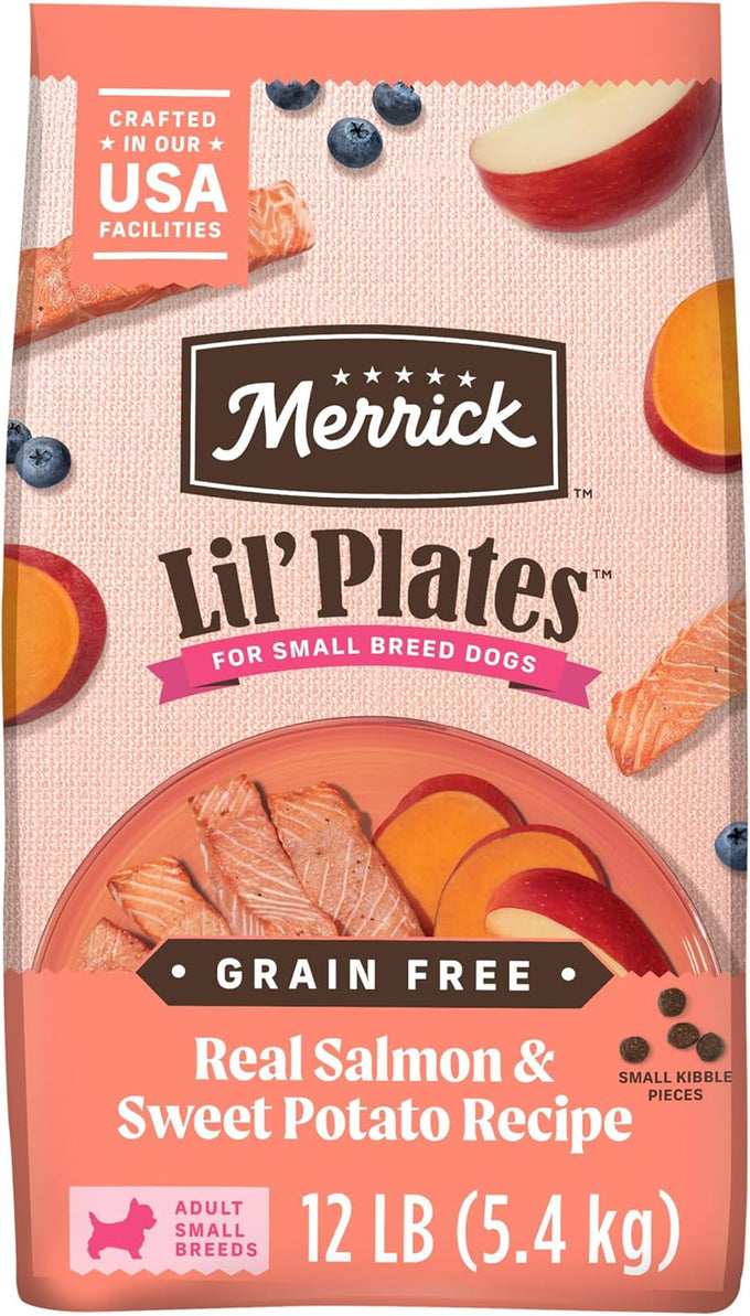 merrick lil' plates premium grain free salmon sweet potato kibble for small dogs 12 lb bag