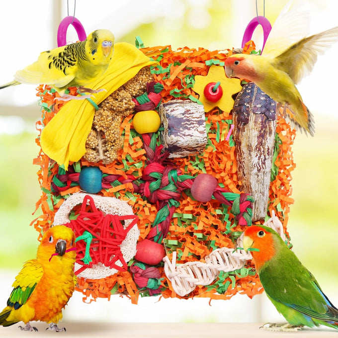 Bird toys for small & medium parrots - natural foraging & shredding cage hanging toys with seagrass mat, starfruit, loofah slices, 1 pc