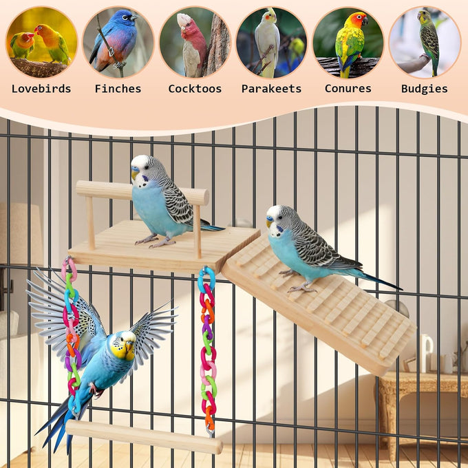 Wooden bird perches platform swing with climbing ladder for cockatiels, lovebirds, and small pets cage accessories