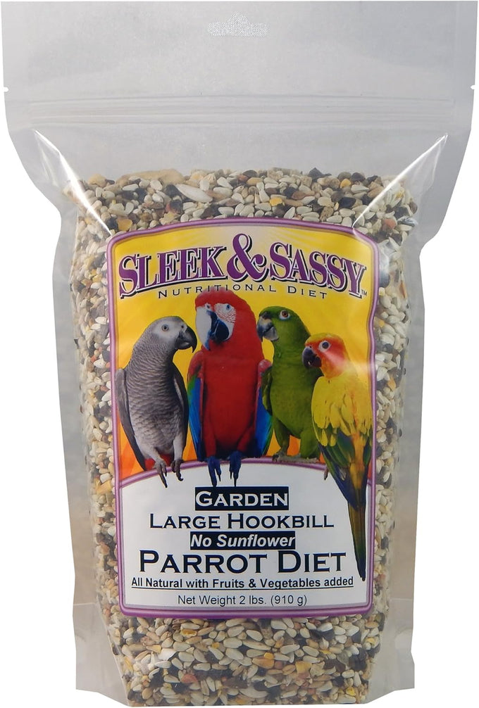 SLEEK & SASSY large parrot food for conures, amazons, african greys, cockatoos, pionus, and small macaws, all natural, human grade, 2 lbs.