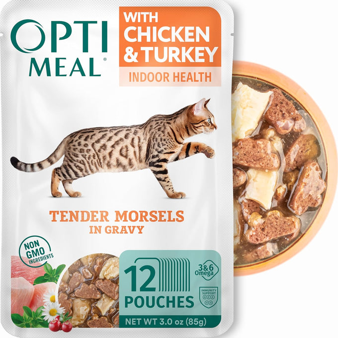 Optimeal grain-free shrimp & salmon wet cat food pouches, 3 oz, 12 pack, natural European ingredients, high protein, adult indoor cat food