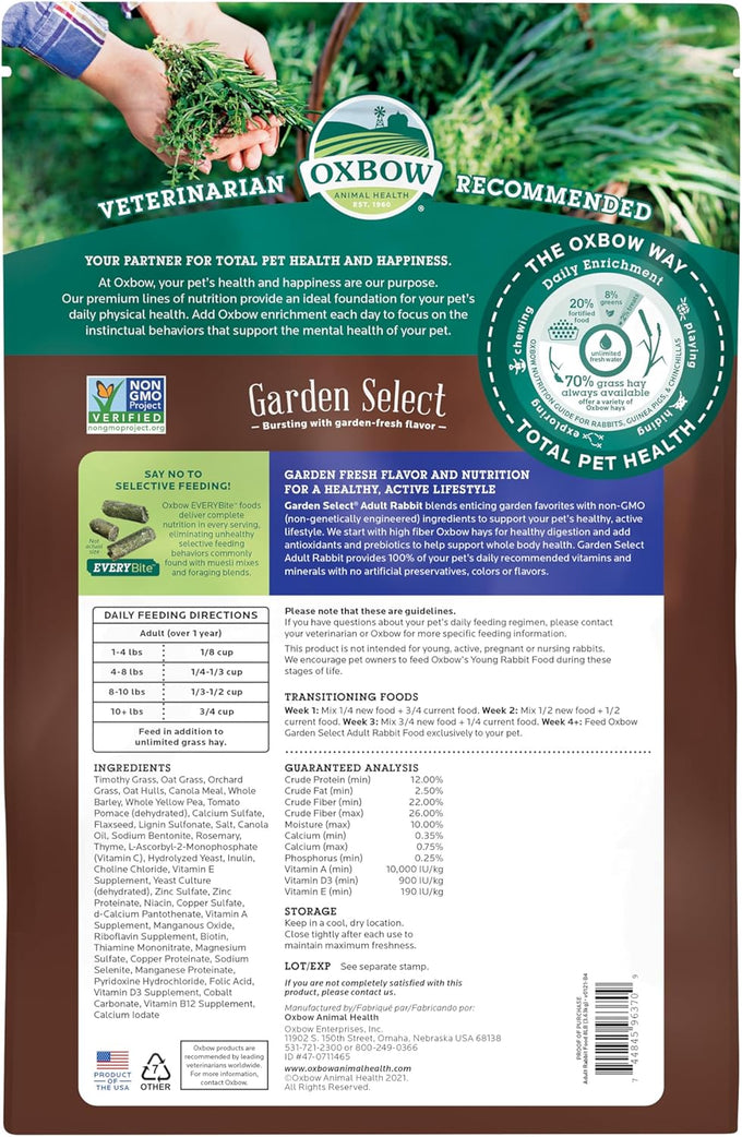 Oxbow Garden Select Adult Rabbit Food, Non-GMO, Timothy Hay, No Soy or Wheat, 8 lb. Bag