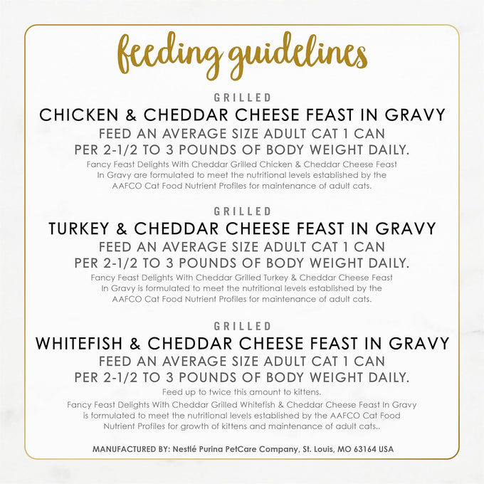 purina fancy feast cheddar grilled chicken, turkey, or whitefish and cheddar cheese gravy wet cat food 24-pack