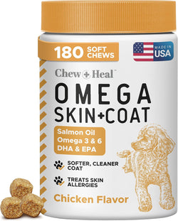 Salmon Oil Omega 3 Fish Oil for Dogs - 180 Soft Chews for Itch Relief, Shedding, Hot Spots, Skin & Coat
