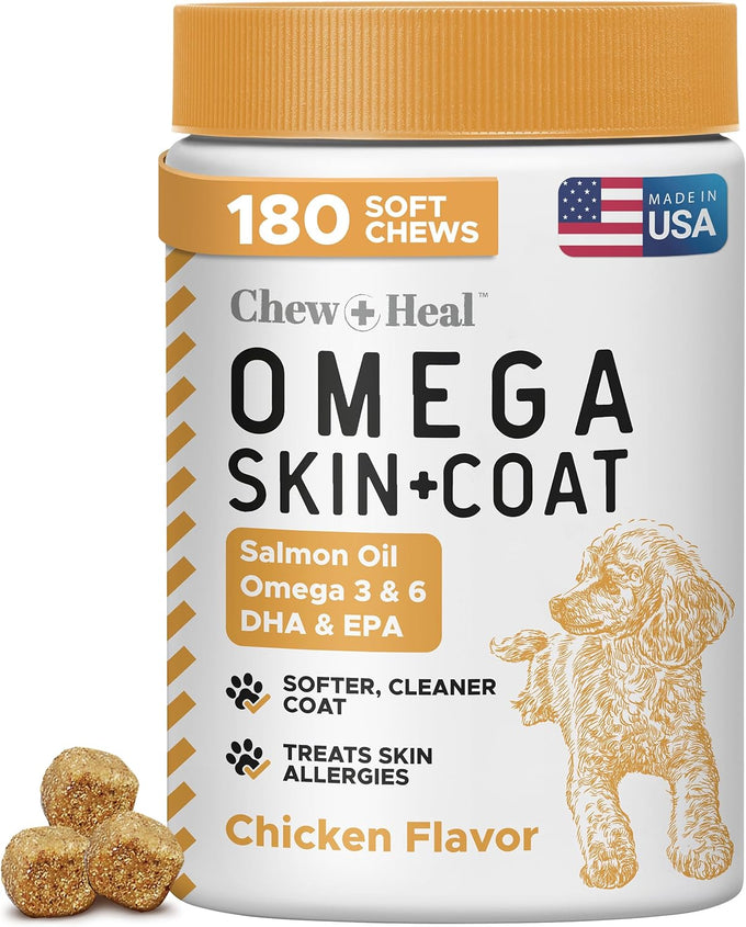 Salmon Oil Omega 3 Fish Oil for Dogs - 180 Soft Chews for Itch Relief, Shedding, Hot Spots, Skin & Coat