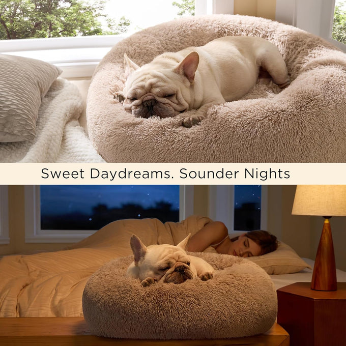 Bedsure Calming Dog Bed, 30-inch Donut Washable Medium Pet Bed, Faux Fur, Camel, 45 lbs