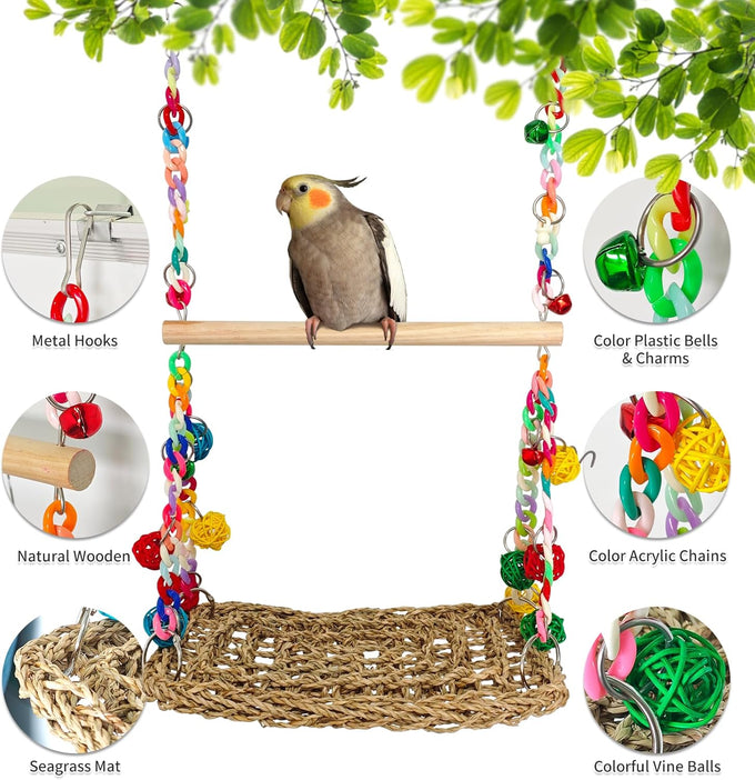 Natural Bird Swing Toys with Wood Perch for Parakeets, Budgies, Conures, Cockatiels, Lovebirds