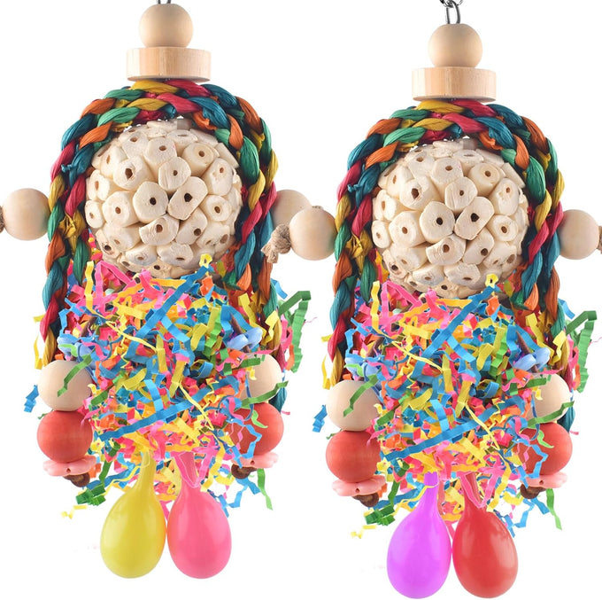 Bissap conure toys, 2pc bird parrot foraging shredder hanging toys with sola balls for small parrots, parakeets, conures, and cockatiels.