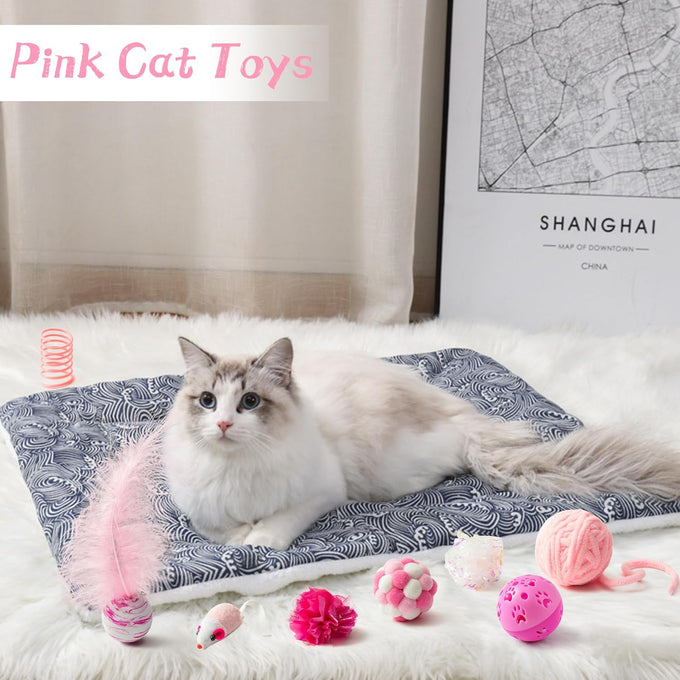 mallmall6 10pcs cat toy set interactive cat toys pack feather teaser wand cat springs mice crinkle balls pink