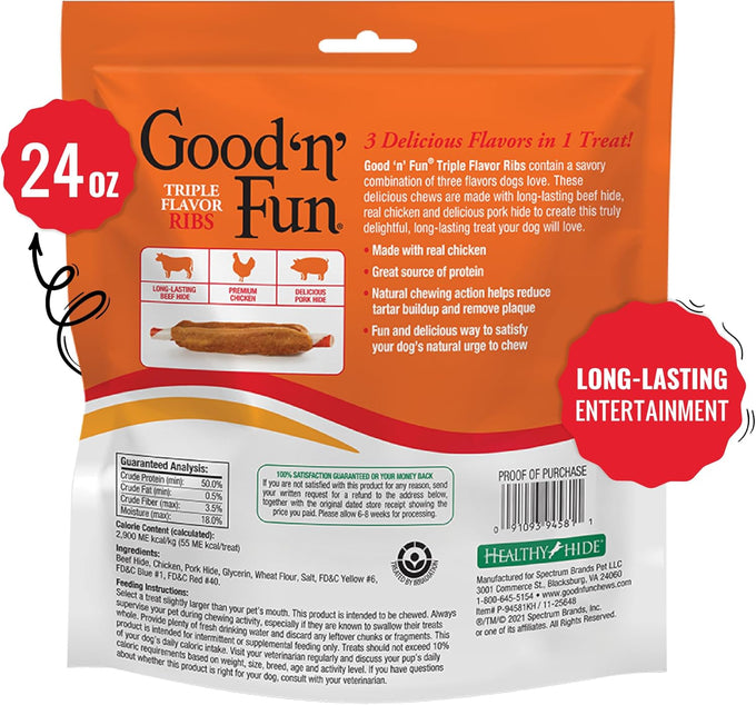 Good 'n' Fun Triple Flavor Ribs Chews for All Dogs, 24 Ounces Beef Hide Chicken Pork Treats