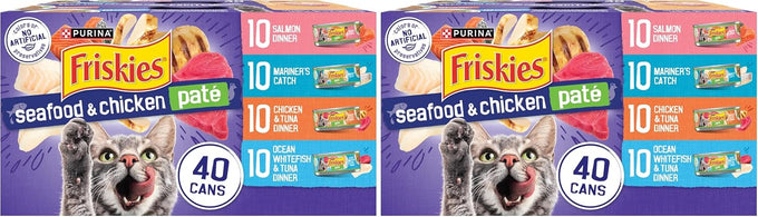 Purina Friskies pate wet cat food, 40ct variety pack, seafood & chicken flavors, 5.5 oz cans, 100% complete nutrition