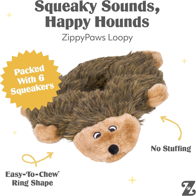 ZippyPaws Loopy No Stuffing Dog Toy for Small, Medium, & Large Dogs, Squeaky Pet Toy for Boredom, Soft Plush Puppy Products, Hedgehog Design