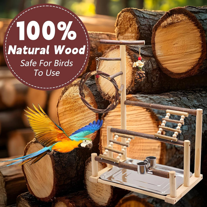 Natural Wooden Parrot Stand for Small to Medium Birds, 16.3" x 10.6" x 23.2", Chestnut Wood, Easy Assembly
