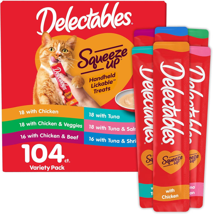 delectables squeeze up variety pack, creamy squeezable puree, grain free, no added fillers or by-products, 104 tubes