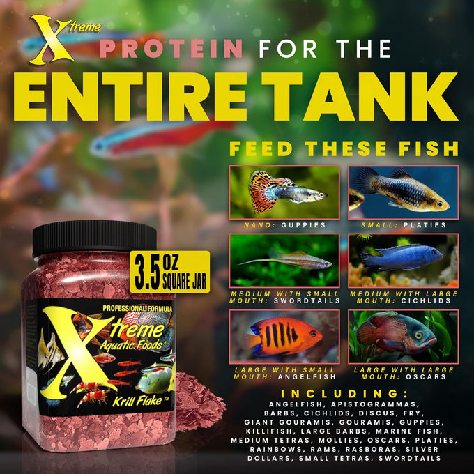 Xtreme Krill Flakes 3.5oz premium max protein freshwater fish food USA farm grown krill shrimp vitamins