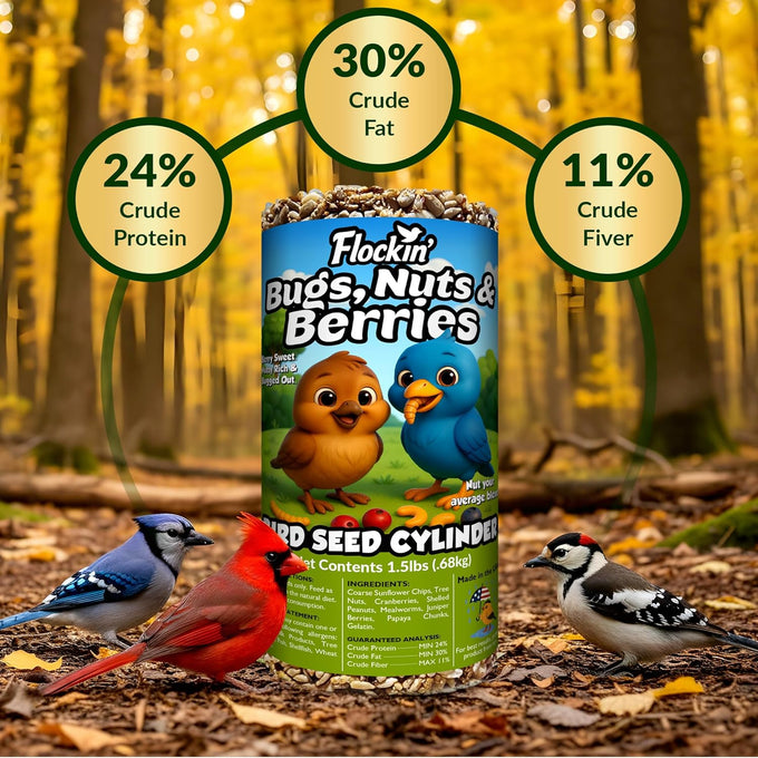 4 inch x 7.75 inch Flockin' Bugs Nuts and Berries Bird Seed Cylinders with Hole for Blue Birds and Woodpeckers