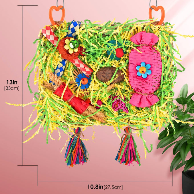 KATUMO Large-Sized Grass Mat with Colorful Parrot Foraging Shredder Hanging Toys for Conure Birds