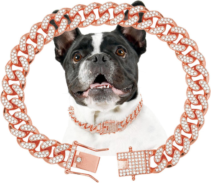 Silver 13mm Wide Metal Dog Chain Collar with Zirconia Diamond Decoration, 10 Inch, Not Adjustable