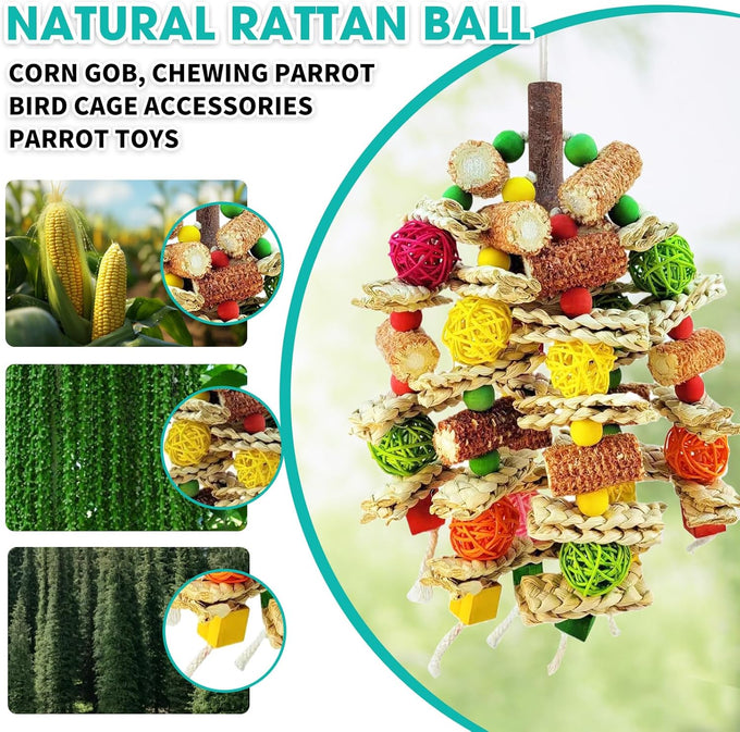 Natural Parrot Chew Toy for Conures, Quaker Parrots, with Seagrass, Corn Cob, and Wooden Beads